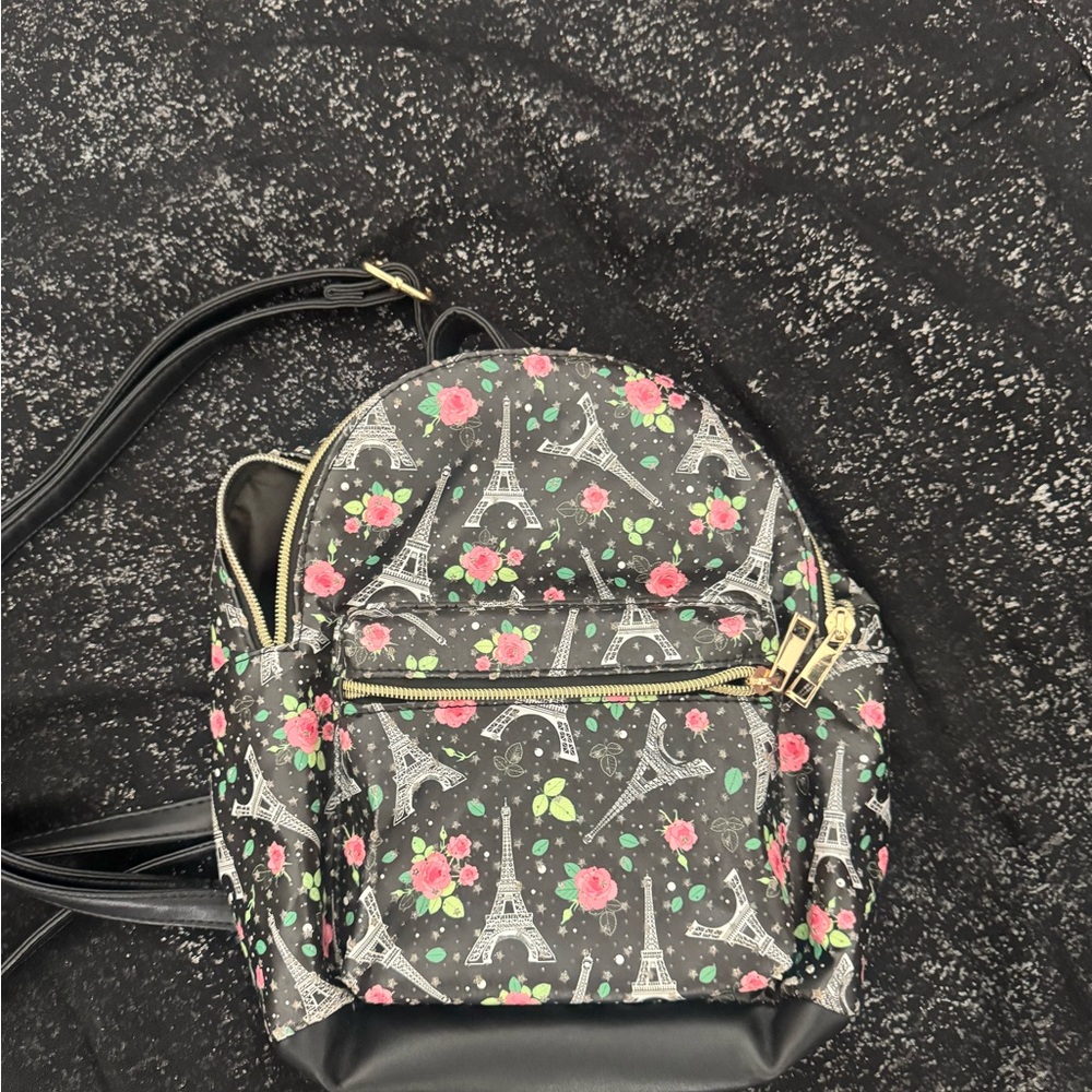 Black Floral Eiffel Tower Mini Backpack